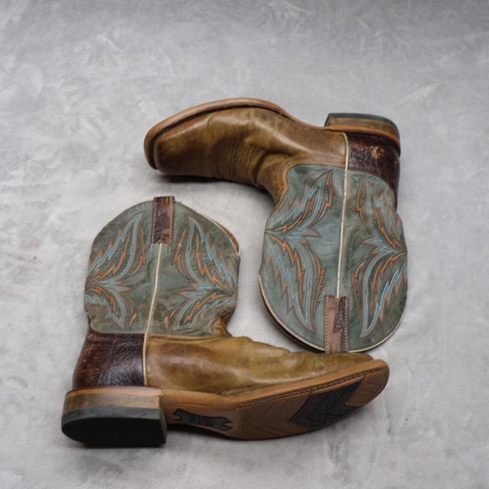 Ariat Mens 12D Western Boots Brown Arena Rebound Leather Teal Stitch Square Toe - Picture 3 of 14